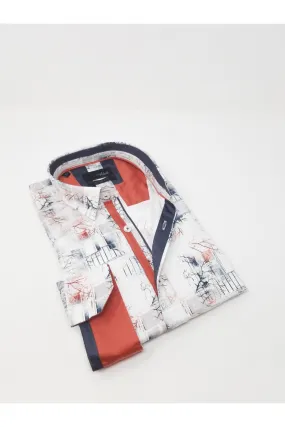 White Button Down Shirt W/ Red Branches Design