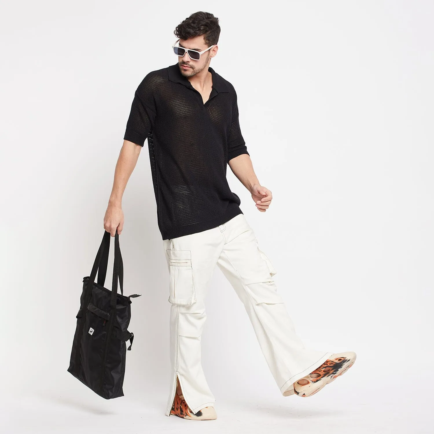 White Twill Flared Cargo Pants