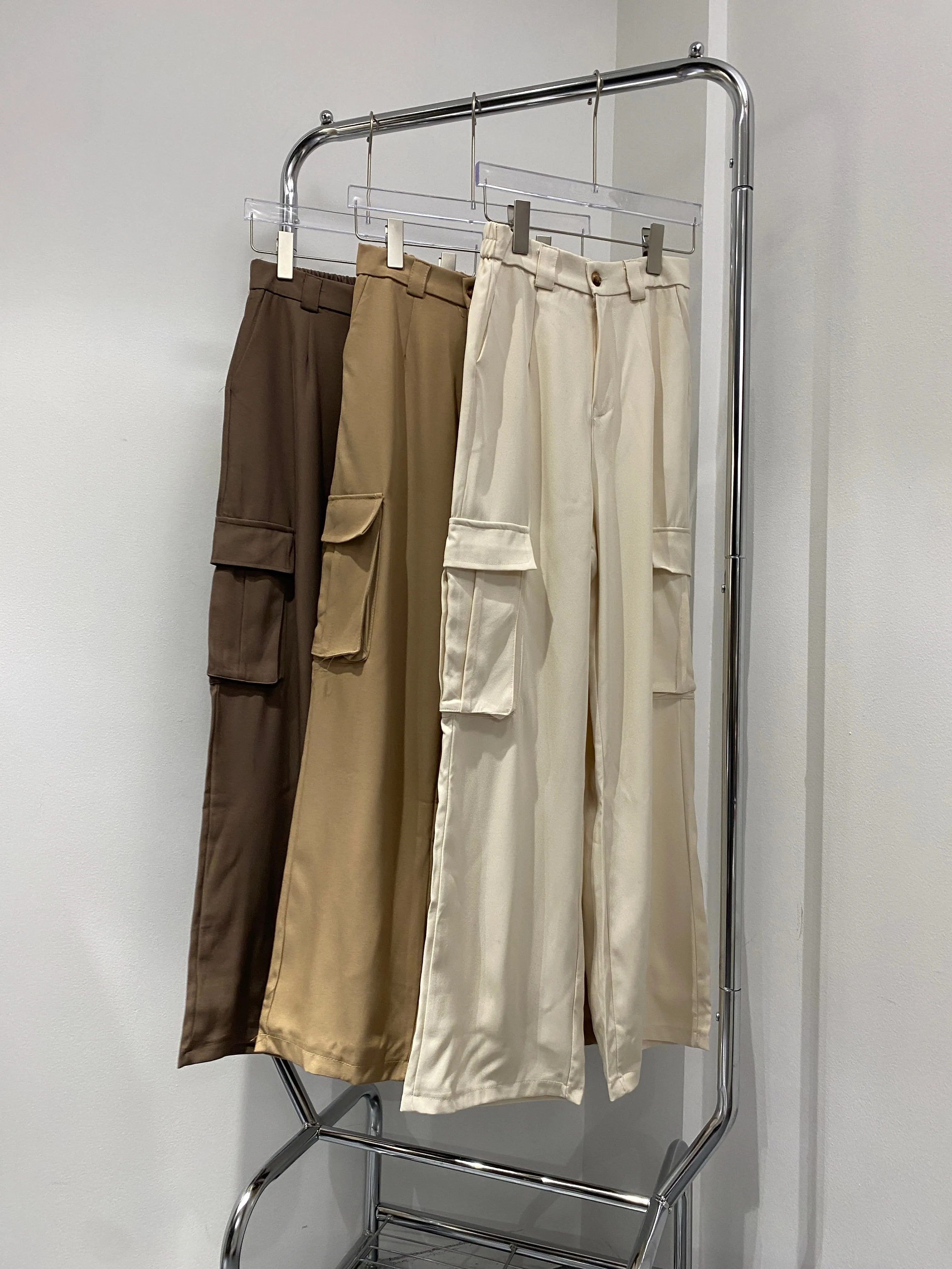 Wide Leg Cargo Trousers -  Almond