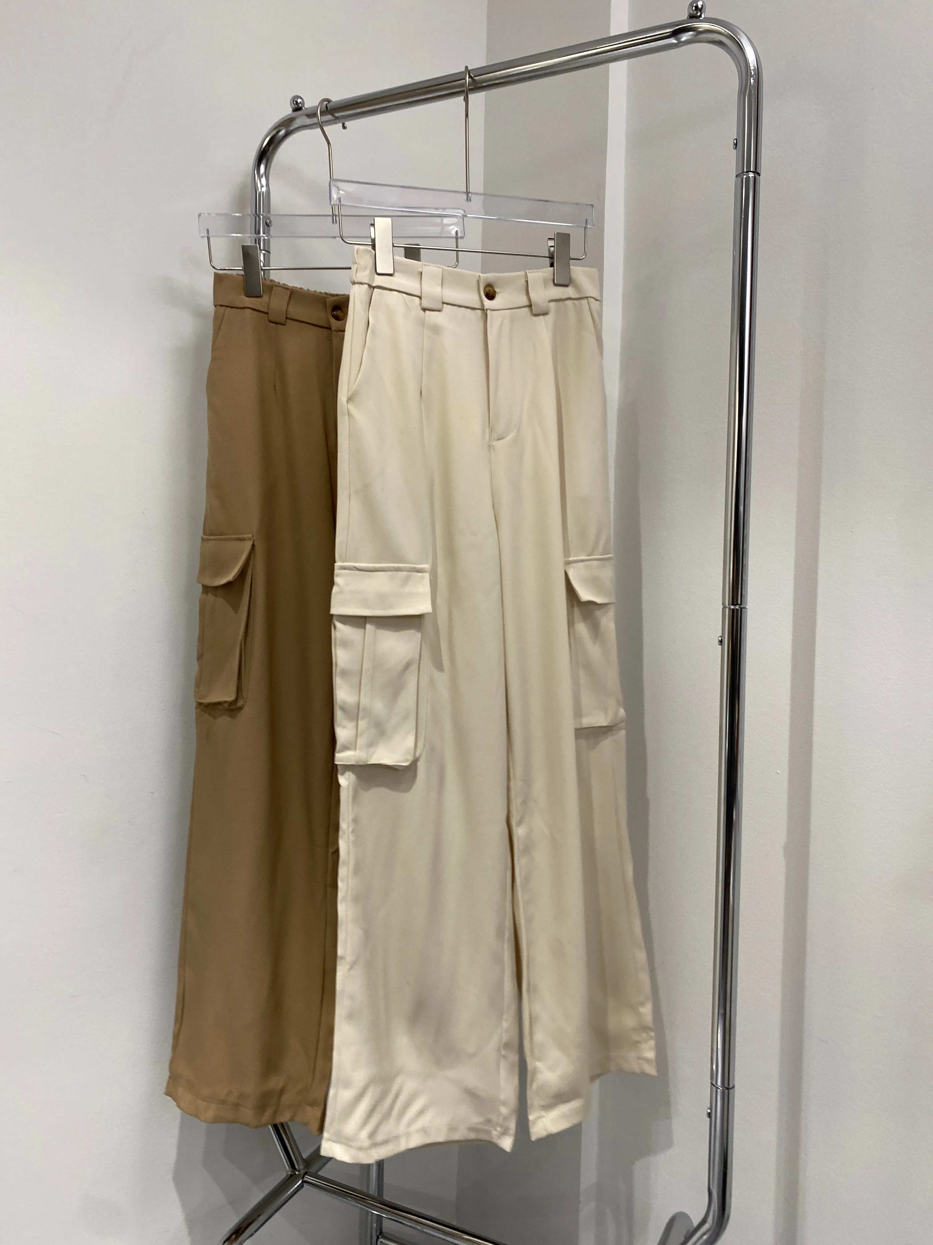 Wide Leg Cargo Trousers -  Almond