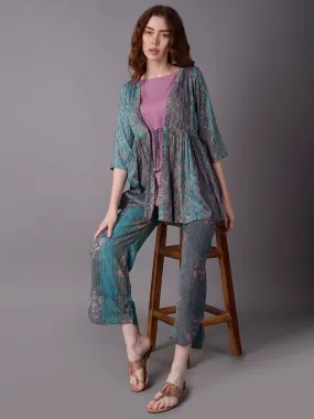 Women Multicolor Stripe Printed Kurta Comfort Pant Jacket