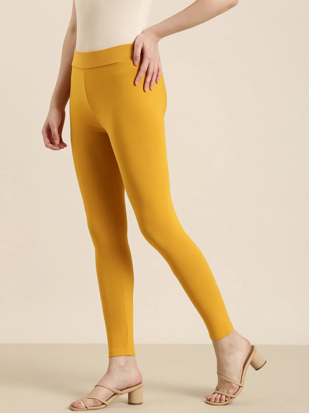 Women Mustard Solid Leggings