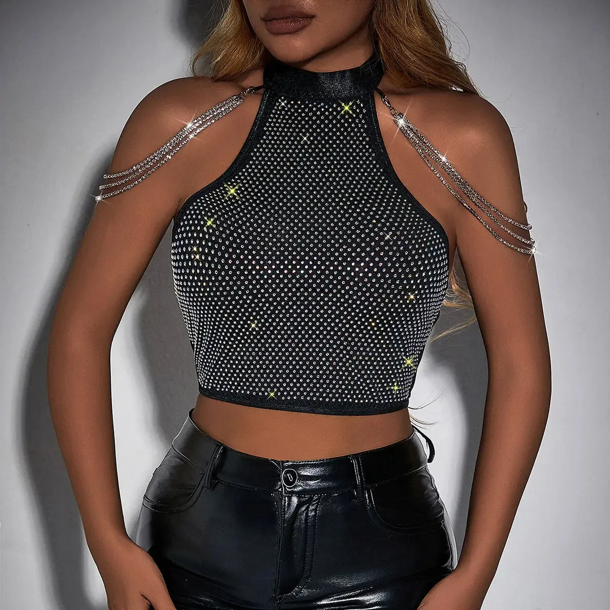 Women's Halter Slim Fit Vest Metal Rhinestone Chain Top