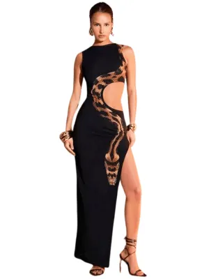 Women's Summer Sexy Slim Slit Long Skirt Hollow Dress Sexy Snake Party Dress