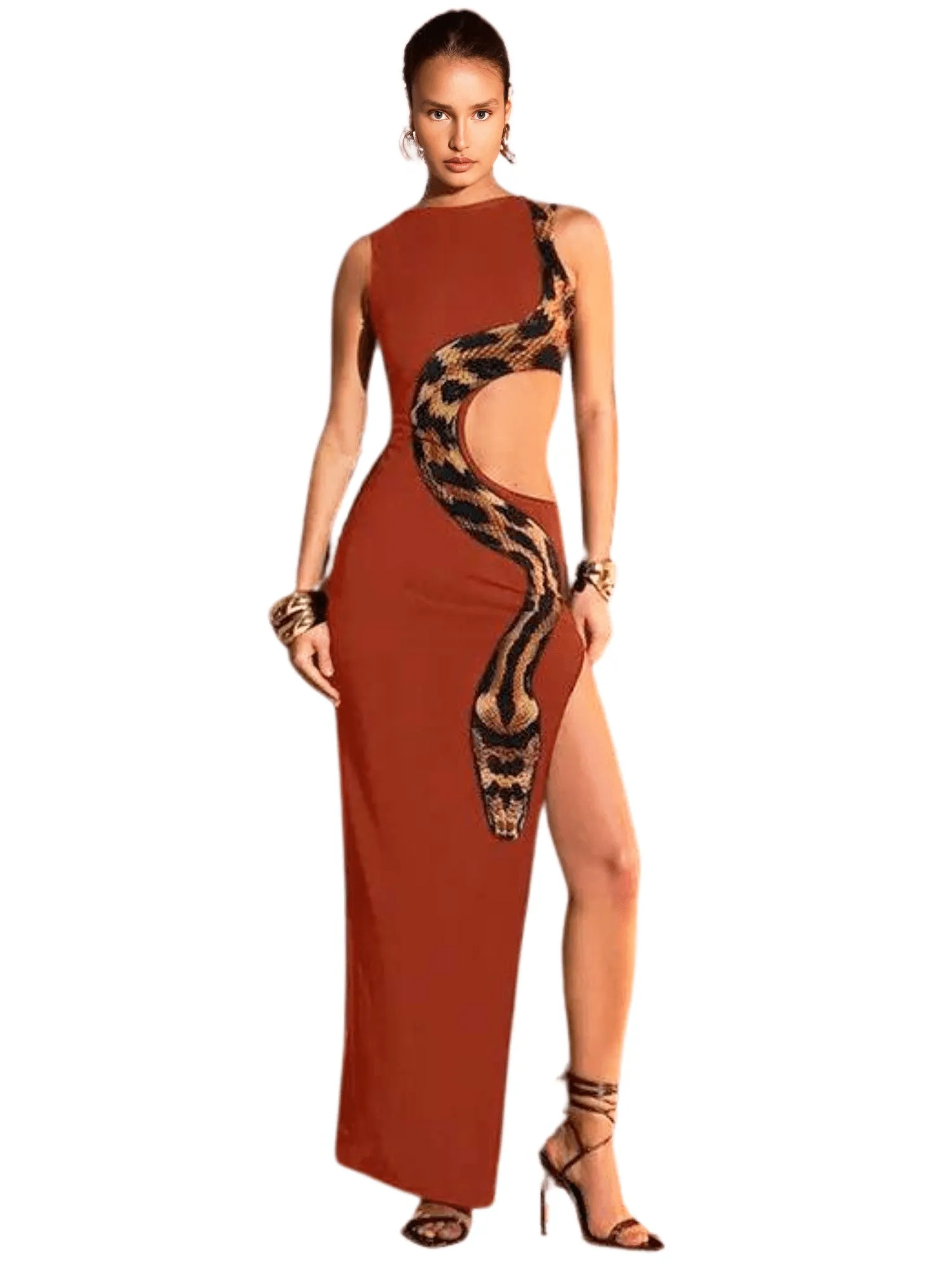 Women's Summer Sexy Slim Slit Long Skirt Hollow Dress Sexy Snake Party Dress