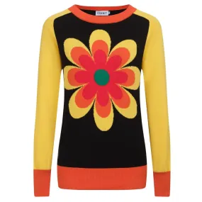 Women's yellow floral jacquard knit sweater