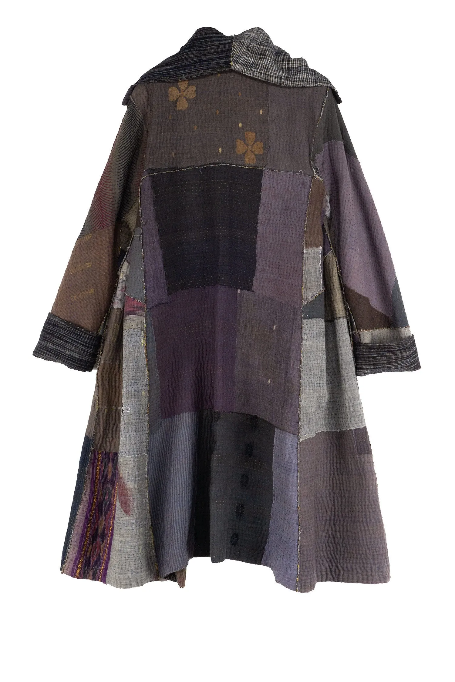 WOVEN IKAT & FRAYED PATCH KANTHA A-LINE COAT