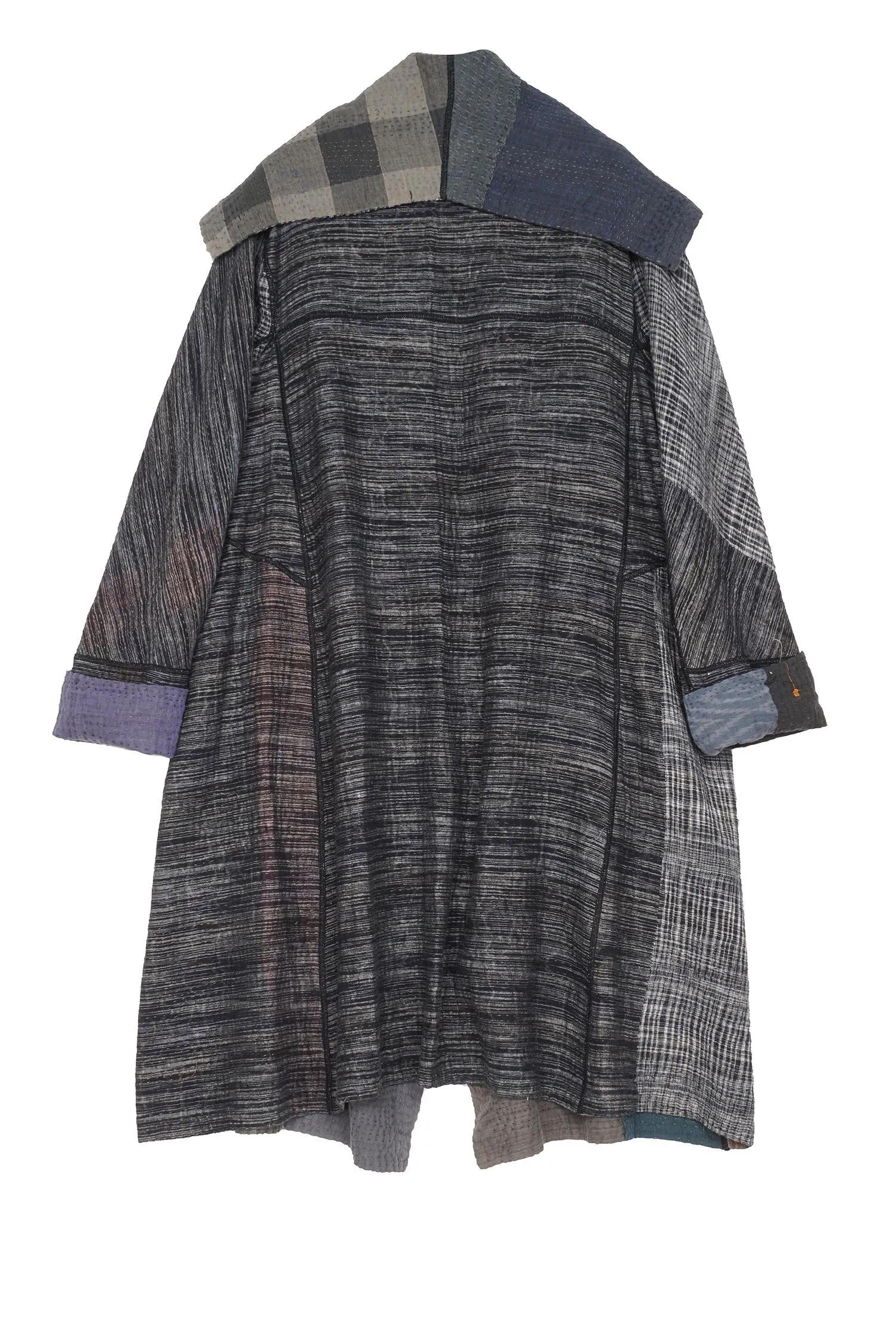 WOVEN IKAT & FRAYED PATCH KANTHA A-LINE COAT