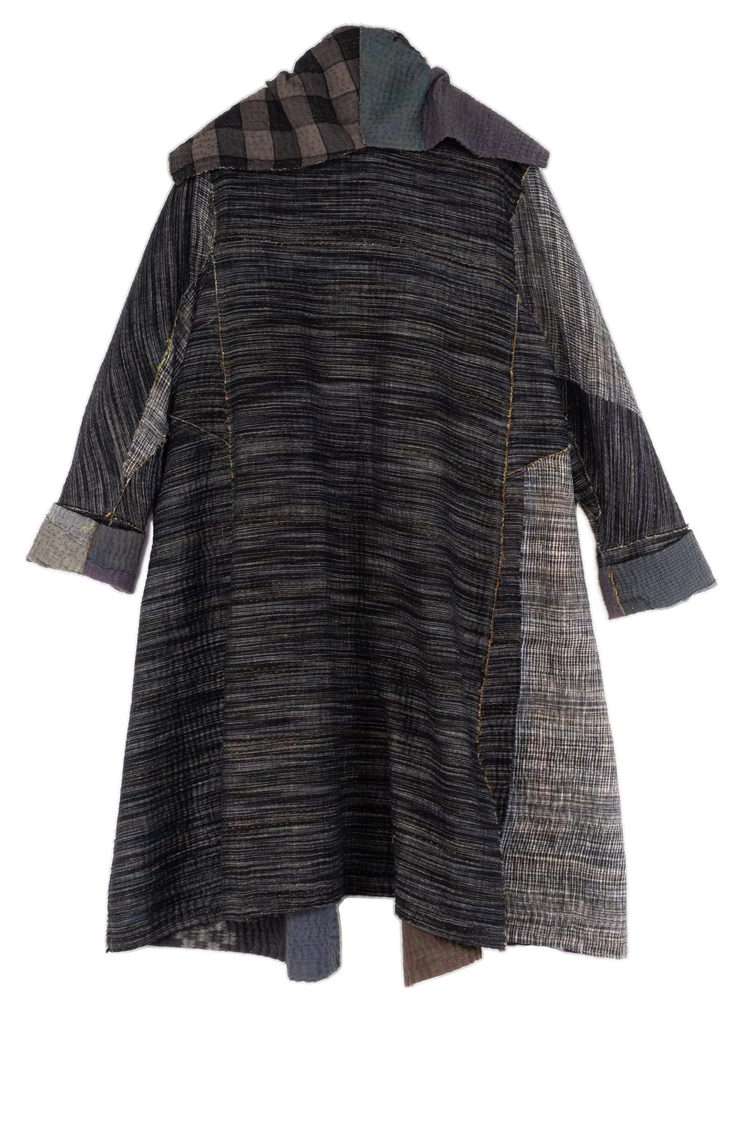 WOVEN IKAT & FRAYED PATCH KANTHA A-LINE COAT