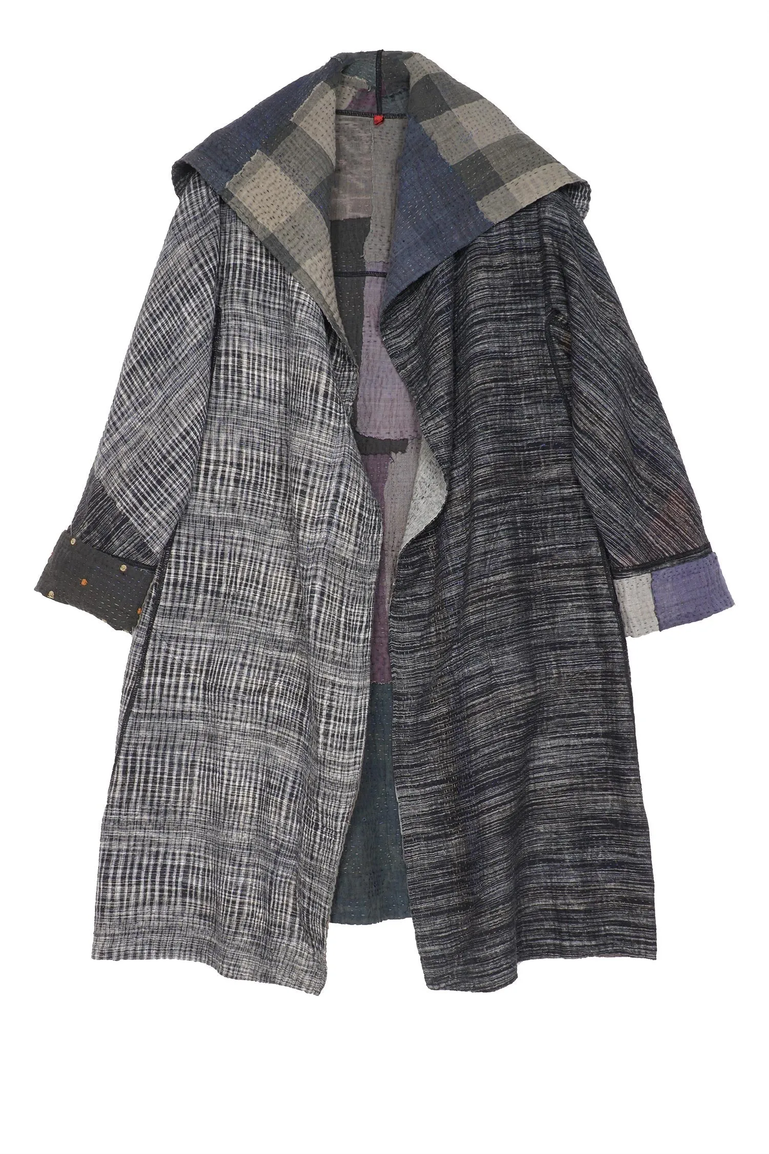 WOVEN IKAT & FRAYED PATCH KANTHA A-LINE COAT