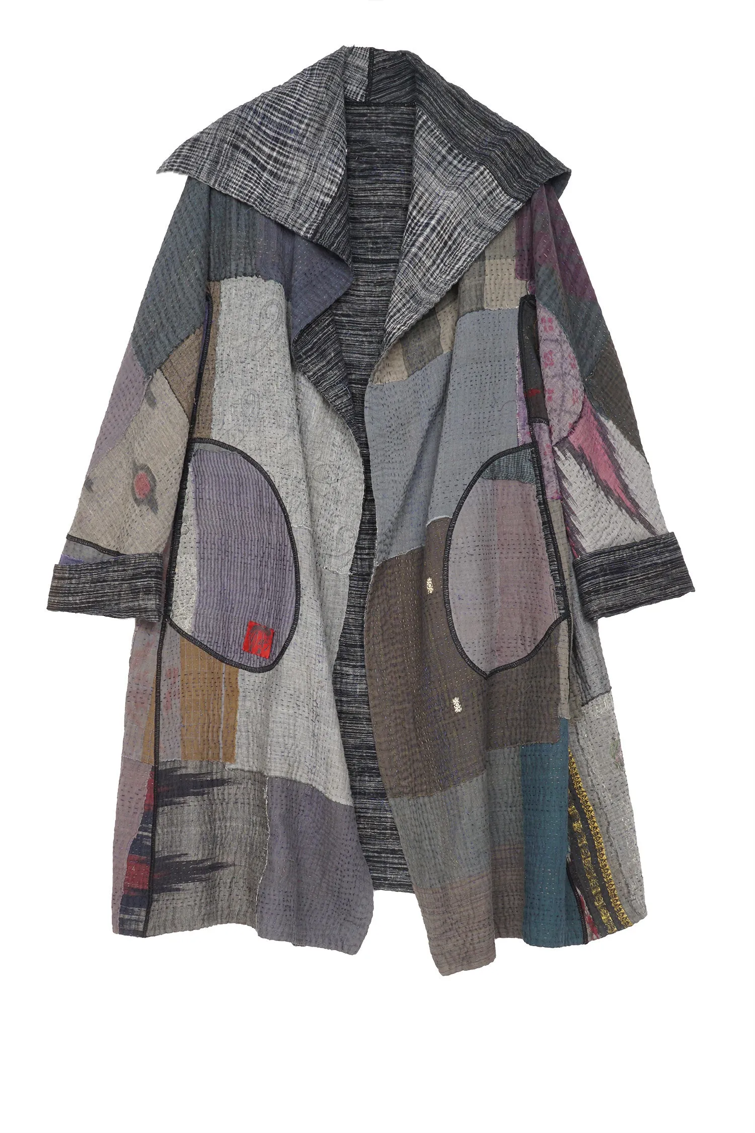 WOVEN IKAT & FRAYED PATCH KANTHA A-LINE COAT